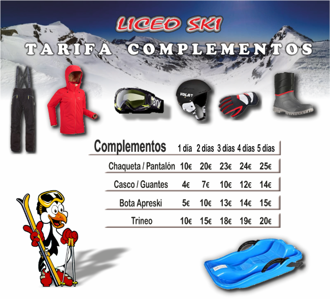 precios alquiler complementos ski granada malaga liceo ski