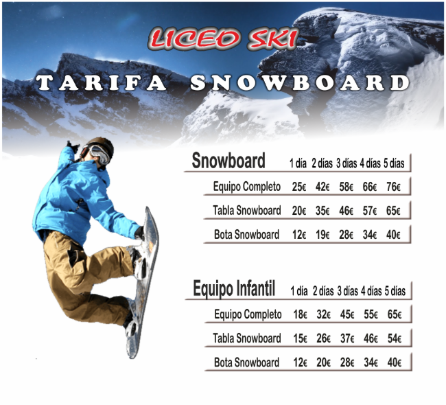 precios alquiler snowboard granada malaga liceo ski